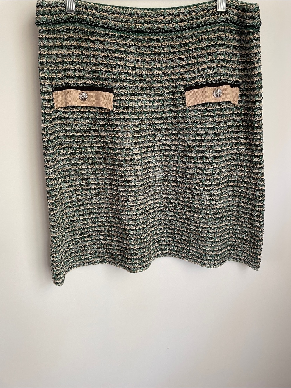Ming Wang Green & Tan Metallic Blend Knit Pull On Skirt Size Large